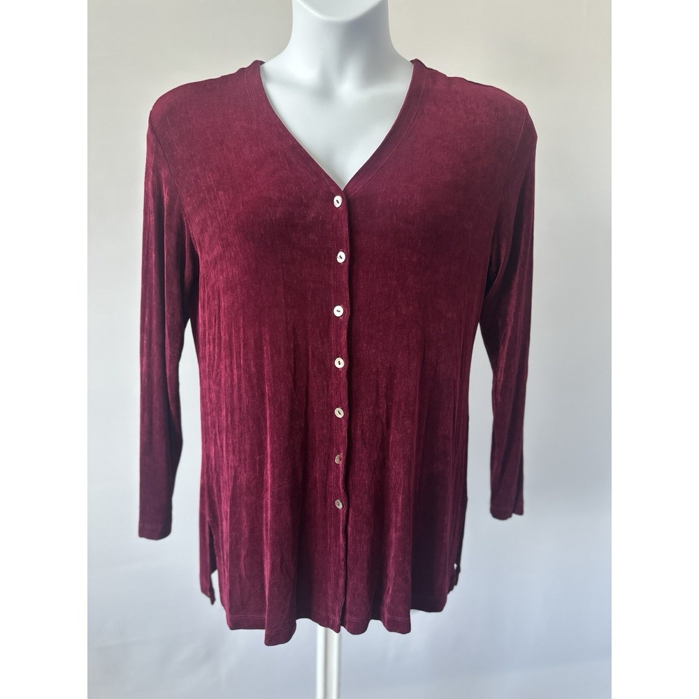 Chico's Design Sz: 2 Maroon Travelers Material Button Front Cardigan (b2a)
